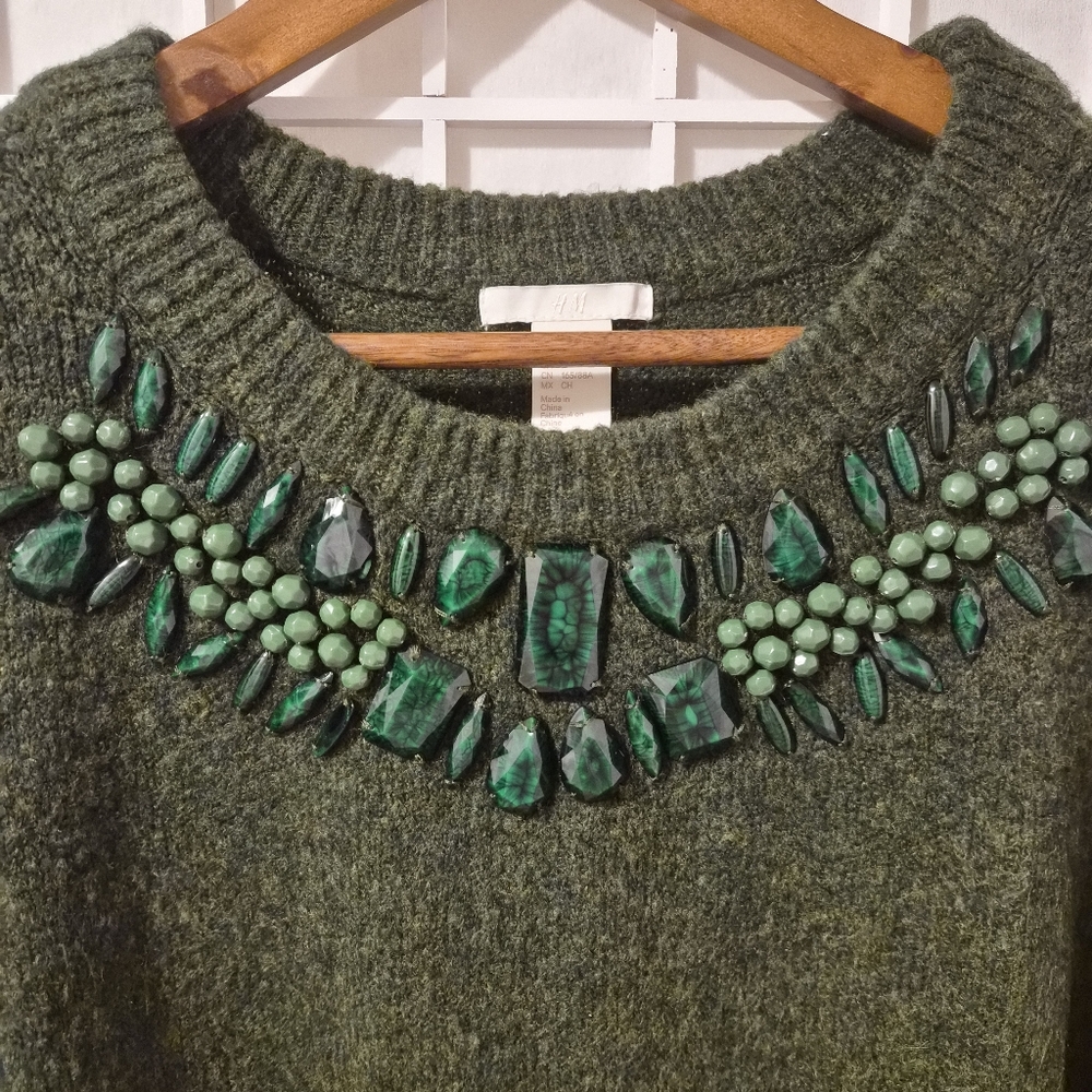 H&M Green Sweater Embelished Sz S